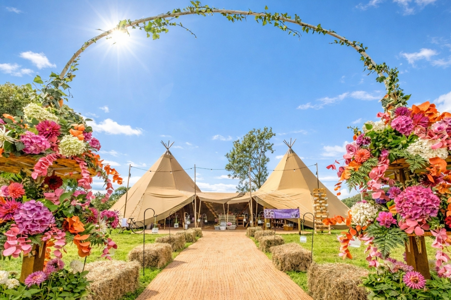 A team erecting a giant tipi at golden hour
